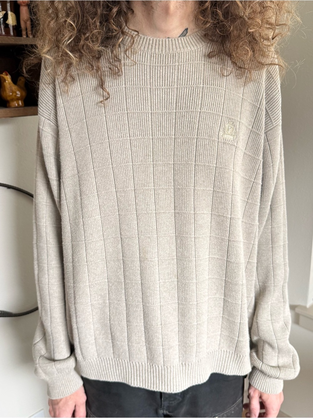 Vintage 90s Izod Cream Textured Windowpane Knit Crewneck Sweater ~ Size XL